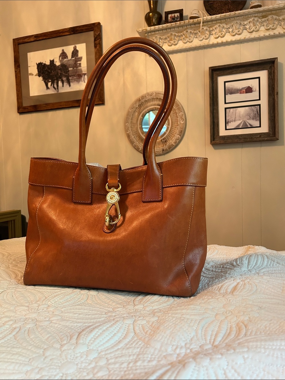 Dooney & Bourke Cognac Leather Shoulder Tote with Gold Hardware